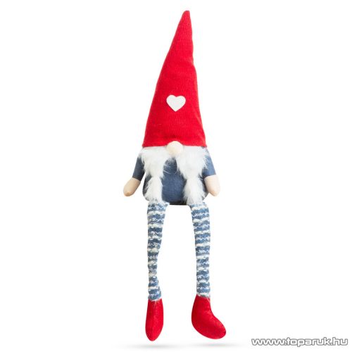 Karácsonyi skandináv manó dekoráció lógó lábakkal, piros sapkával, 50 cm magas