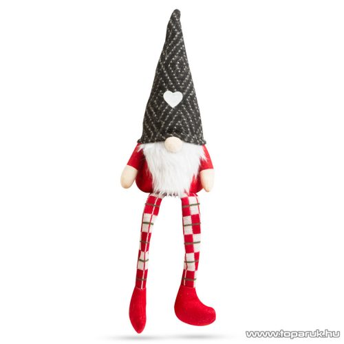 Karácsonyi skandináv manó dekoráció lógó lábakkal, szürke sapkával, 50 cm magas