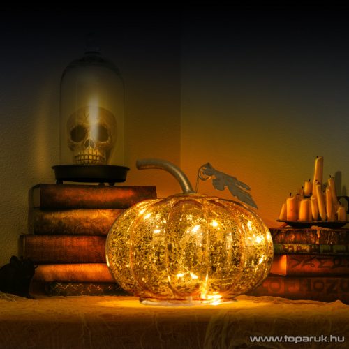 Halloweeni LED-es tök, elemes, világító töklámpás, 11 cm (58132)