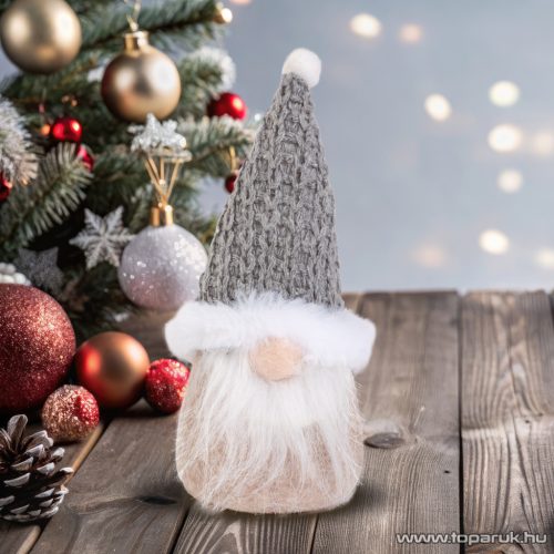 Karácsonyi skandináv manó dekoráció, szürke sapkával, 17 cm magas