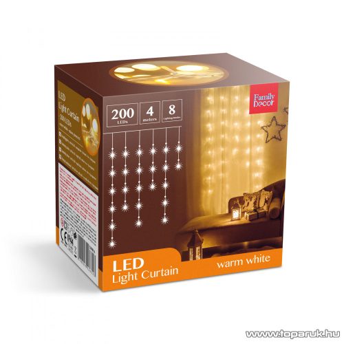 Family Decor 58901A Kültéri toldható hálózati fényfüggöny, 200 db melegfehér LED-del, 8 programos, IP44, 4,2 m