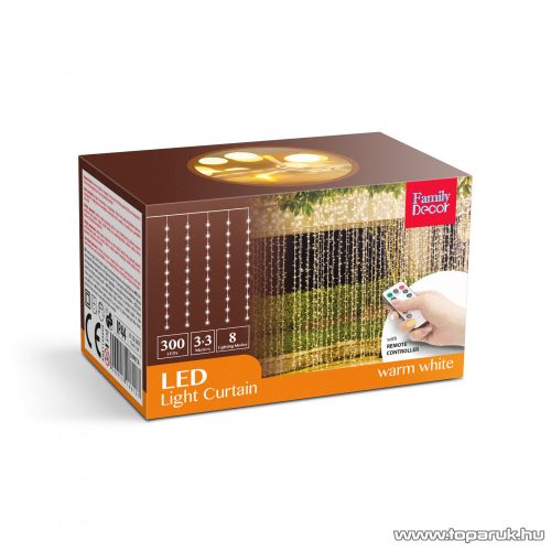Family Decor 58907A Kültéri távirányítható hálózati fényfüggöny, 300 db melegfehér LED-del, 8 programmal, 300 x 300 cm