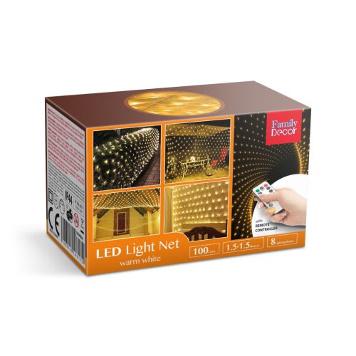 Family Decor 58908A Kültéri távirányítható hálózati LED-es fényháló, 100 db melegfehér LED-del, 150 x 150 cm