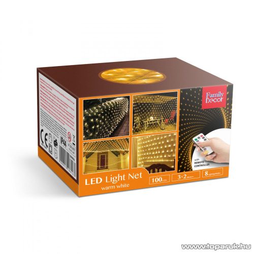 Family Decor 58909A Kültéri távirányítható hálózati LED-es fényháló, 190 db melegfehér LED-del, 300 x 200 cm