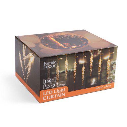 Kültéri LED-es jégcsap füzér, fényfüggöny 180 db melegfehér LED-del, 350 x 70 cm (58915)