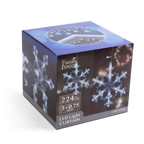 Kültéri LED-es hópehely füzér, fényfüzér 224 db hidegfehér LED-del, 300 x 75 cm (58916)
