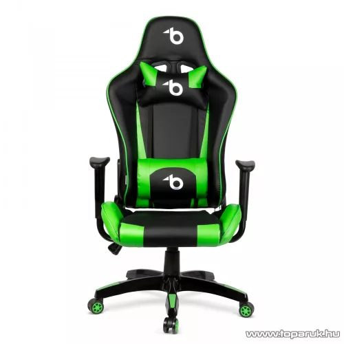 bemada BMD1106GR Ergonómikus kialakítású gamer forgószék, derék- és nyakpárnával, max. 110 kg terhelhetőséggel, zöld / fekete
