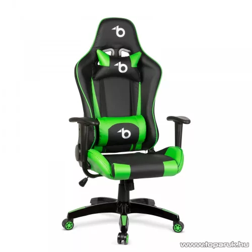 bemada BMD1106GR Ergonómikus kialakítású gamer forgószék, derék- és nyakpárnával, max. 110 kg terhelhetőséggel, zöld / fekete