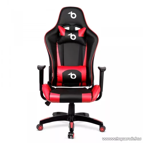 bemada BMD1106RD Ergonómikus kialakítású gamer forgószék, derék- és nyakpárnával, max. 110 kg terhelhetőséggel, piros / fekete