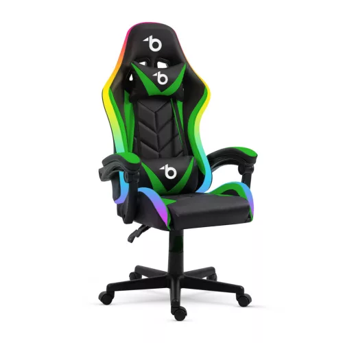 bemada BMD1115GR Irodai forgószék, RGB LED-es világító gamer szék karfával, párnával, max. 120 kg terhelhetőséggel, fekete / zöld