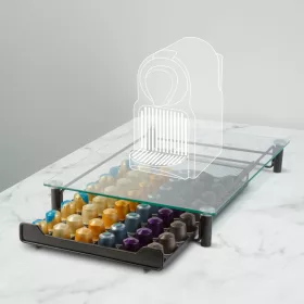  Bewello Fém kávékapszula tartó 60 db Nespresso kapszulához, üveg fedőlappal, fekete (BW0999)