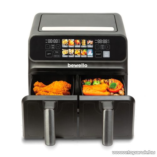 bewello BW1002D XXL Digitális érintőgombos alul-felül fűtőszálas dupla kosaras forrólevegős olaj nélküli légkeveréses Air Fryer sütő, olajsütő, fritőz, 8 literes, 2200 W