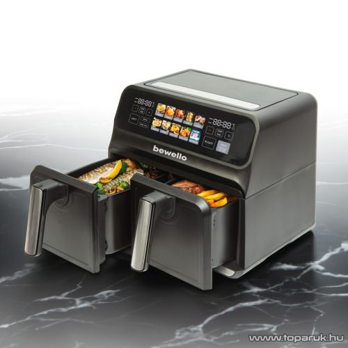 bewello BW1002D XXL Digitális érintőgombos alul-felül fűtőszálas dupla kosaras forrólevegős olaj nélküli légkeveréses Air Fryer sütő, olajsütő, fritőz, 8 literes, 2200 W