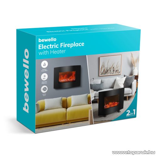 bewello BW2019 Elektromos LED-es, íves fali / szabadonálló kandalló hősugárzó + távirányító, 2000 W, fekete
