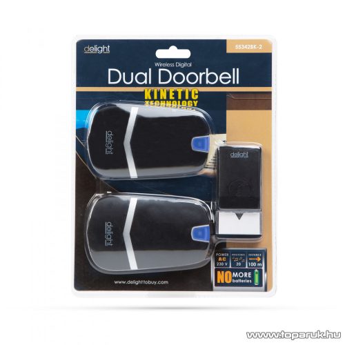 delight Digitális elem és vezeték nélküli kinetic csengő, két vevőegységgel, max. 100 m hatótávolság, fekete (55342BK-2)