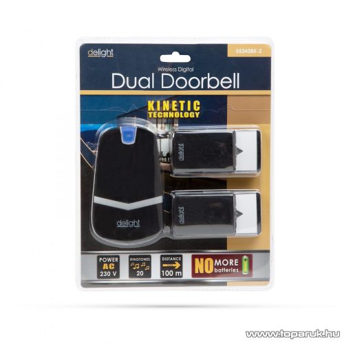 delight Digitális elem és vezeték nélküli kinetic csengő, két kültéri nyomógombbal, max. 100 m hatótávolság, fekete (55343BK-2)