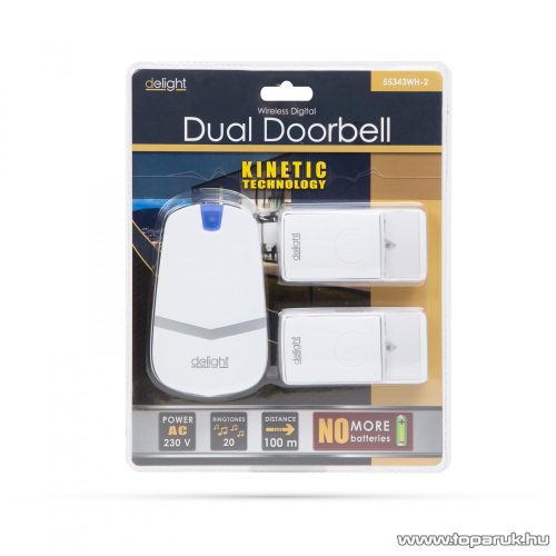 delight Digitális elem és vezeték nélküli kinetic csengő, két kültéri nyomógombbal, max. 100 m hatótávolság, feher (55343WH-2)