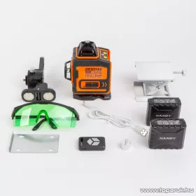   Handy 10058 Akkumulátoros lézeres szintező szett, 16 zöld lézer - 3D / 360 - 2 akkumulátorral, 2 konzollal és szemüveggel, max 15 m