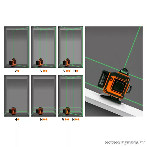 Handy 10058 Akkumulátoros lézeres szintező szett, 16 zöld lézer - 3D / 360 - 2 akkumulátorral, 2 konzollal és szemüveggel, max 15 m