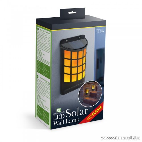 Napelemes LED-es szolár fali lámpa lángeffekttel, fekete, rácsos, 18 x 10 cm (11246)