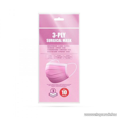  3 rétegű egészségügyi szájmaszk, rózsaszín, 10 db / csomag 