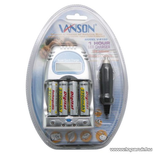 VANSON Akkumulátor gyorstöltő 4 x AA/AAA - Ni-MH/Ni-Cd típusokhoz + 4 db 2700mAh AAA Ni-MH akkumulátor (18914V)