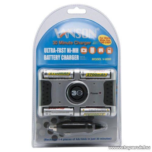 VANSON Akkumulátor gyorstöltő 4 x AA/AAA - Ni-MH típusokhoz + 4 db 2700 mAh AA Ni-MH akkumulátor (18917V)