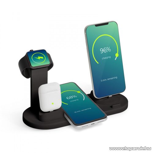 bewello BW2006BK Vezeték nélküli töltőállomás mobiltelefonokhoz, órákhoz, fülhallgatókhoz, fekete