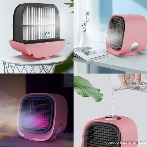 bewello BW2009PK Hordozható USB-s mini léghűtő és párásító ventilátor, beépített színes LED hangulatvilágítással, rózsaszín