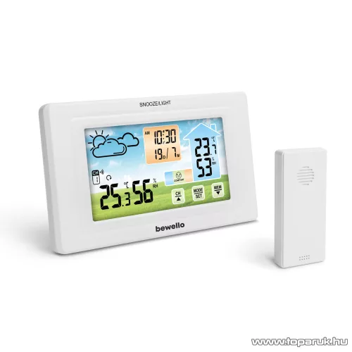 bewello BW2070 Digitális hőmérő és ébresztőóra, kültéri / beltéri érzékelővel, USB-s / elemes működés, fehér