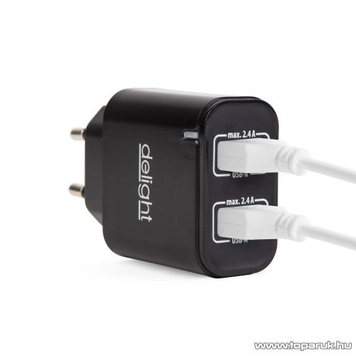 delight USB Hálózati adapter, töltő, 2 db 2.4 A USB aljzattal, fekete (55045-2BK NC24)