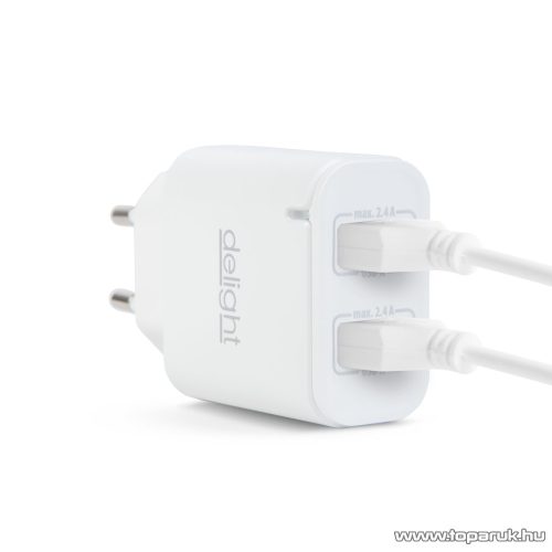 delight USB Hálózati adapter, töltő, 2 db 2.4A USB aljzattal, fehér (55045-2WH NC24)