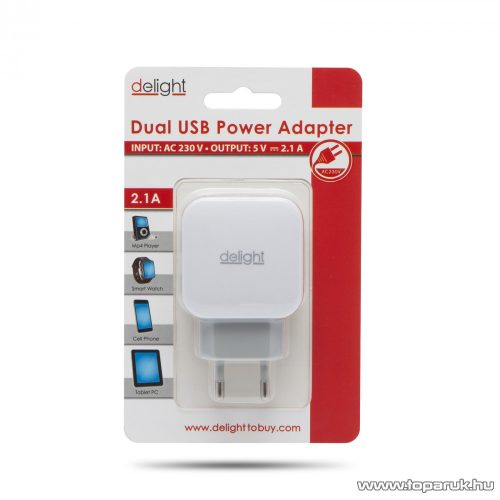delight USB Hálózati adapter, töltő, 2 db USB aljzattal, fehér (55045-2WH)