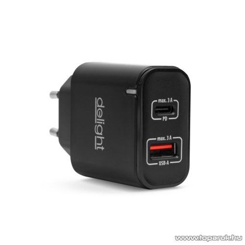 delight 55047BK Hálózati USB PD gyorstöltő adapter USB + Type-C PD 20W gyorstöltéssel, fekete 