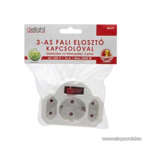 delight 3-as hálózati fali elosztó - kapcsolóval, 250V, 16A (05674)