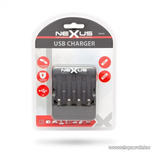 neXus 18940 Akkumulátortöltő, USB-s, DC 5V / 1A (4 db AA / AAA méretű akkumulátorok töltésére)