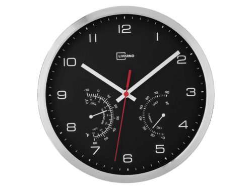 LIVARNO home 4-LD7085-2 BK DCF Rádióvezérelt analóg, mechanikus falióra, páratartalom mérővel és hőmérővel, fekete - inox