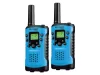 Bresser Junior kék színű gyermek walkie-talkie adó-vevő páros elölnézetből, bekapcsolt kijelzővel.