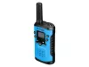 Két darab kék Bresser Junior walkie-talkie adó-vevő készülék a gyári színes kartondobozos csomagolásuk mellett.