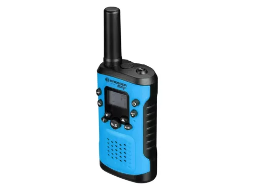 Két darab kék Bresser Junior walkie-talkie adó-vevő készülék a gyári színes kartondobozos csomagolásuk mellett.