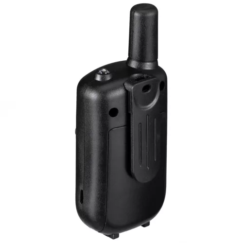 Bresser Junior walkie-talkie teljes oldalnézete, amelyen jól látható az ergonomikus, recézett fekete markolat és az övcsipesz.