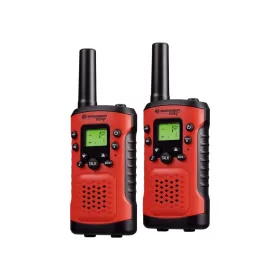 Bresser Junior piros színű gyermek walkie-talkie adó-vevő páros elölnézetből, bekapcsolt kijelzővel.