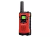 Két darab piros Bresser Junior walkie-talkie adó-vevő készülék a gyári színes kartondobozos csomagolásuk mellett.