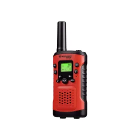 Két darab piros Bresser Junior walkie-talkie adó-vevő készülék a gyári színes kartondobozos csomagolásuk mellett.