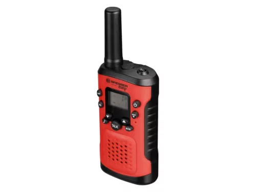 Piros színű Bresser Junior gyermek adó-vevő walkie-talkie félprofilból, jól látható fekete gombokkal és robusztus kialakítással.