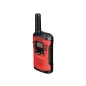 Piros színű Bresser Junior gyermek adó-vevő walkie-talkie félprofilból, jól látható fekete gombokkal és robusztus kialakítással.