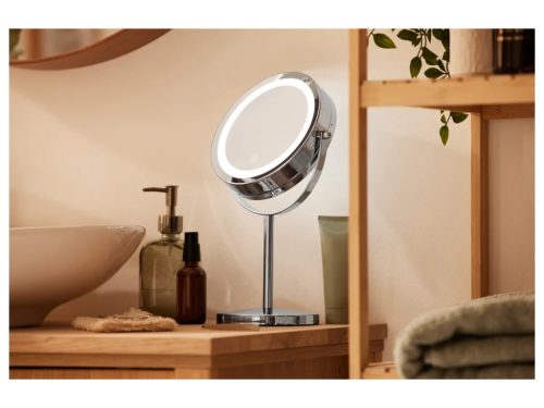 Cien BEAUTY LED-es asztali álló kozmetikai tükör fényerőszabályzós érintő kapcsolóval és memória funkcióval, 360 fokban átfordítható tükörlappal (13 cm) 5x nagyítással