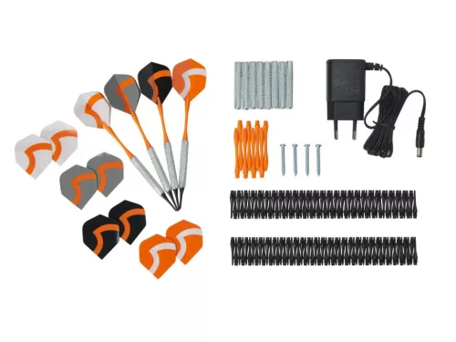 Crivit ORANGE White 4x LED kijelzős elektromos darts tábla készlet, 3 x 4 dart szettel (hálózati adapterrel és póthegyekkel), narancs-fehér színű