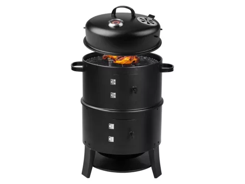 Grill Meister Kansas Basic 3 az 1-ben BBQ füstölő és faszenes grill fekete színben