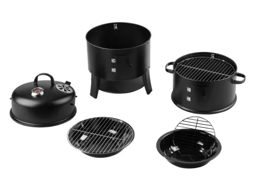 Grill Meister Kansas Basic BBQ Smoker Grill 3 az 1-ben multifunkciós faszenes kerti grillsütő / füstölőkemence, 52 x 40 x 80 cm (3 szintes)